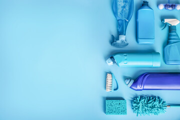 Household cleaning products in blue colors