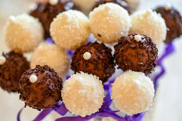 Close up of chocolate and coconut cake pops