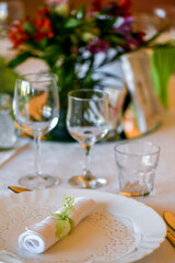 Decorated wedding table, selective focus