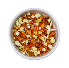 Dehydrated and Dried Onion, Carrot and Celery Seasoning Spice for Chicken Soup Isolated on White Background.