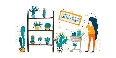 Woman with a shopping cart in a cacti and succulents shop. Woman pushing shopping trolley with flowers in a garden store. Flat design illustration on a white background.