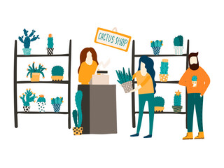 A woman sells cacti and succulents at a flower shop. Flat style illustration. Customer and a shop assistant concept. Flat style hand drawn illustration