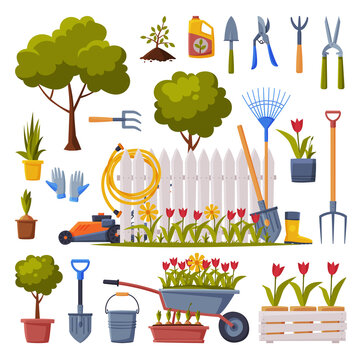 Spring Garden Collection, Agriculture Work Equipment, Farming Tools, Seedlings and Plants Flat Style Vector Illustration on White Background