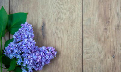 Fototapeta premium Lilac branch on beautiful wooden table. Concept. Beautiful background, copy space.