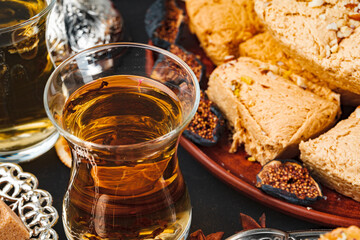 Turkish arabic desserts on silver plate close up