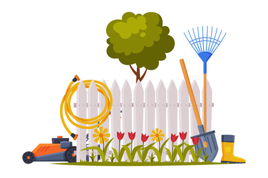 Garden with Agriculture Equipment and Tools, Backyard with Fence and Blooming Tulips Flat Style Vector Illustration on White Background