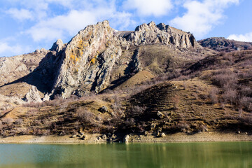 Forest lake shore view. Spring forest lake shore panorama