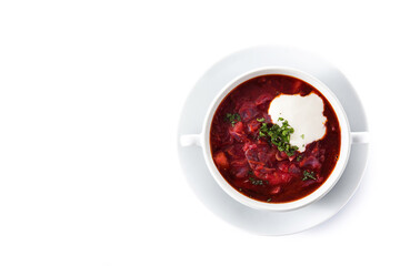 Traditional Ukrainian Russian borsch. Beetroot soup isolated on white background. Top view. Copy space