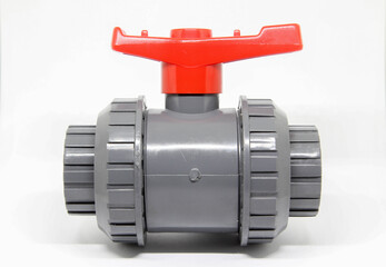 PVC ball valves on white background.