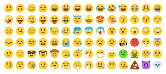 Flat yellow emoji collection. Happy smile, sad crying face and angry facial expressions. Emoticons vector icons set
