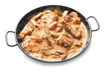 Tasty beef stroganoff on white background
