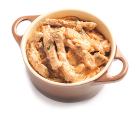 Tasty beef stroganoff on white background