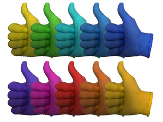 like sign thumbs up. hand in blue, yellow, red, orange, green, purple, turquoise nitrile glove isolated on a white background