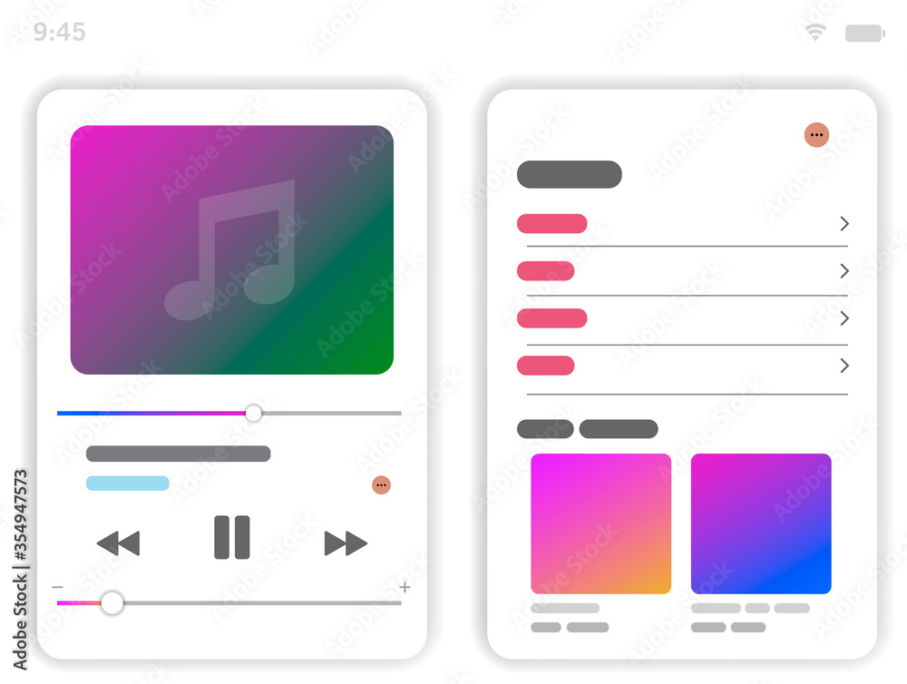 Poster Music player app interface vector color template. Mobile application page white design layout. Media player navigation screen. Flat UI, GUI. Playing audio, radio. Phone display