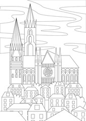 Coloring page with a gothic church as an anti-stress coloring book for adults, outline or colorless vector stock illustration with a building in Europe for printing in a coloring book