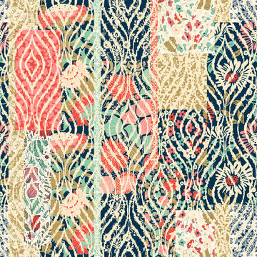 Seamless abstract colorful patchwork pattern from flowers on damask background. Vintage decorative elements. Floral Collage in retro colors. Freehand drawing. Vector illustration