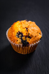 Muffin with Blueberries on Black Chalkboard with Copy Space. Selective focus.