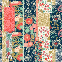 Seamless abstract colorful patchwork pattern from flowers on damask background. Vintage decorative elements. Floral Collage in retro colors. Freehand drawing. Vector illustration - obrazy, fototapety, plakaty