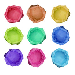 Set of empty round box of different bright colors from crumpled paper. Top view. Mockup, blank, template. Paper background, presentation of objects, gifts.