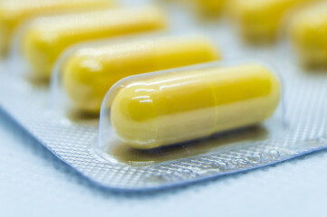 Pills and antibiotics close up. Macro photography