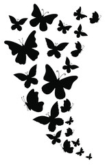 Black silhouettes of butterflies flying, isolated on white background. Vector illustration. Good for print, emblem, decoration, icon,  t-shirt design, etc. 