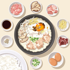 Rice porridge with minced pork (or congee with minced pork) with ingredients.