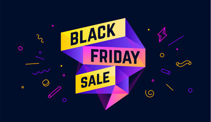 Black Friday Sale. 3d sale banner with text Black Friday Sale for emotion, motivation. Modern 3d colorful web template on black backdrop. Design elements for sale, discount. Vector Illustration