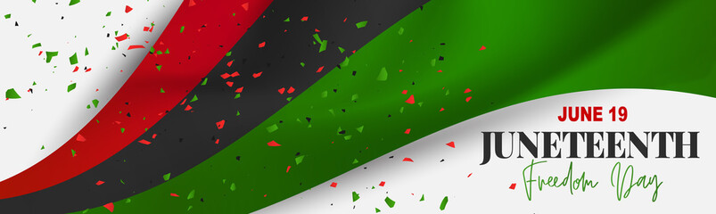 Juneteenth Freedom Day. 19 June African American Emancipation Day. Annual American holiday. Black, red, and green banner or header background with lettering. Vector illustration.