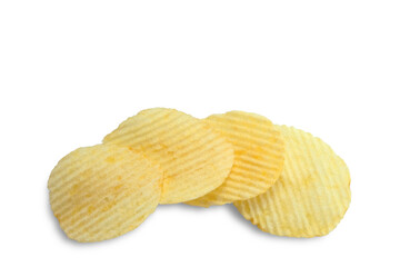 Stack of potato chips with copy space isolated on white background.