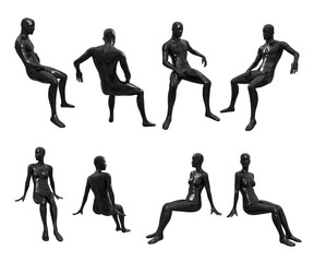 Set of female and male plastic black mannequin for clothes in a sitting pose. Front, back, side view. Shop window decoration. Set of 3d illustrations isolated on white background.