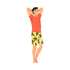 Relaxed Young Man Standing Throwing Hands Over His Head, Lounging Male Character Wearing Red Tshirt and Shorts Ready to Enjoy His Leisure Vacation Cartoon Vector Illustration
