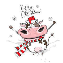 Year of the bull. Funny cheerful Cow in a striped scarf and in a red Santa's hat. Merry Christmas – lettering quote. New Year card, hand drawn style print. Vector cartoon illustration.