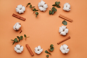 Beautiful composition with cotton flowers on color background