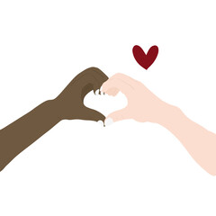 Black and white hands skin in heart shape, interracial friendship and love. Unity and diversity, stop racism. Vector illustration