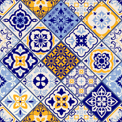 Azulejos tiles patchwork. Seamless colorful patchwork. Hand drawn seamless abstract pattern. Majolica pottery tile, blue, yellow azulejo. Original traditional Portuguese and Spain decor. Vector - obrazy, fototapety, plakaty