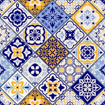 Azulejos tiles patchwork. Seamless colorful patchwork. Hand drawn seamless abstract pattern. Majolica pottery tile, blue, yellow azulejo. Original traditional Portuguese and Spain decor. Vector