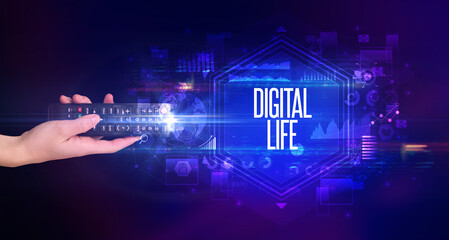 hand holding wireless peripheral with DIGITAL LIFE inscription, cyber security concept