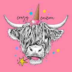Adorable Cow (Hairy Coo) in a pink ice cream party hat and with a yellow star. Crazy Cowcorn - lettering quote. Humor card, t-shirt composition, hand drawn style print. Vector illustratration.