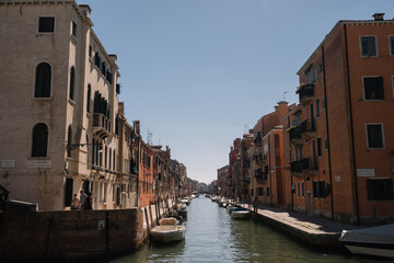 Streets along the Cannaregio canal in Venice, Italy.