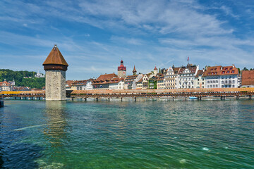 Panorama of Lucerne / Luzern with Chapel Bridge above Reuss River, Switzerland.       