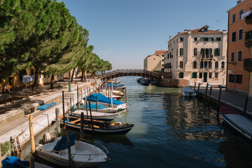 Fototapeta na wymiar Empty streets along the Cannaregio canal in Venice, Italy.