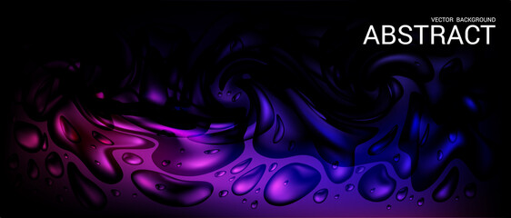 Vector. Dark purple horizontal abstract background. The effect of a dynamically flowing fluid. Modern trendy liquid poster. Drops of water and colorful 3D splashes. Template for presentation, website.