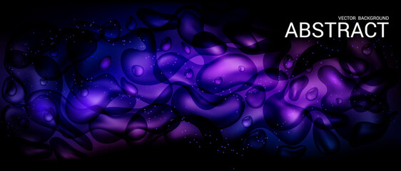 Dark purple horizontal abstract background. Vector. The effect of a dynamically flowing fluid. Modern trendy liquid poster. Drops of water and colorful 3D splashes. 