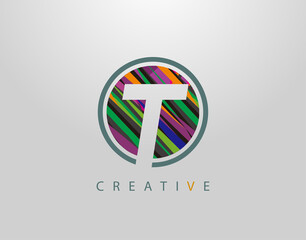 Creative T Letter Logo. Modern Abstract Circle Geometric Initial T Icon Design, sreated rith strips with pop art coloring.