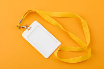 Work ID name tag. The ID of the employee. Card icons with ropes on a yellow background.