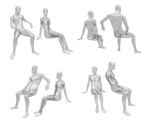 Set of female and male transparent glass mannequin for clothes in a sitting pose. Shop window decoration. Set of 3d illustrations isolated on white background. Front, back, side view.