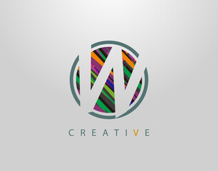 Creative W Letter Logo. Modern Abstract Circle Geometric Initial W Icon Design, sreated rith strips with pop art coloring.