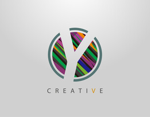 Creative Y Letter Logo. Modern Abstract Circle Geometric Initial Y Icon, sreated rith strips with pop art coloring.
