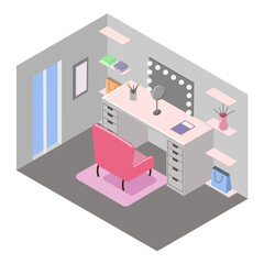 Interior design of dressing room. Table, armchair, mirror, window, shelfs. Isometric vector illustration.