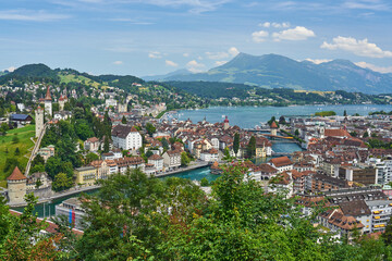 Fototapeta na wymiar Aerial panorama of Luzern, Switzerland.. The city lies along the banks of Lake Lucerne and Reuss river. 